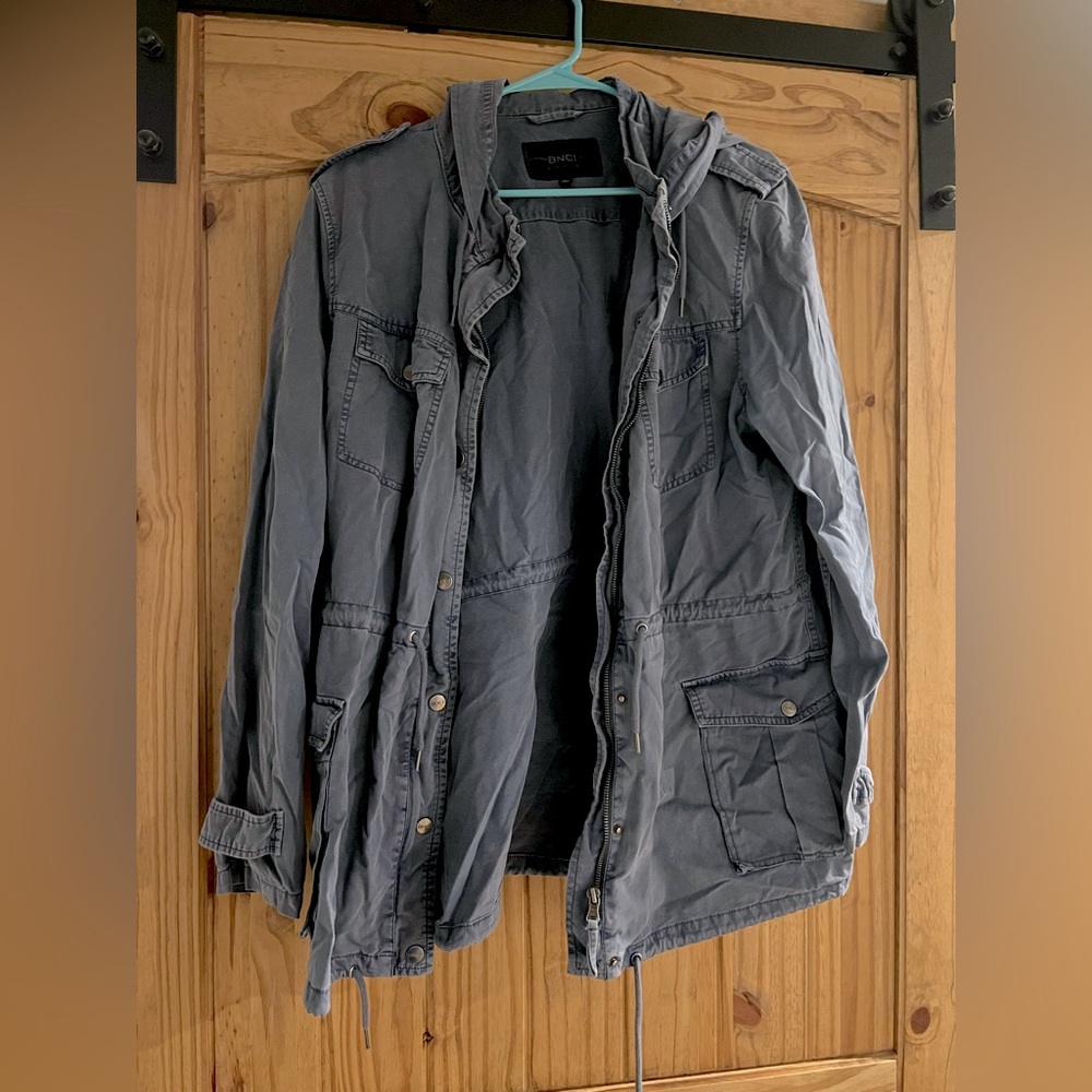Blue Army Style Cargo Jacket with Hood